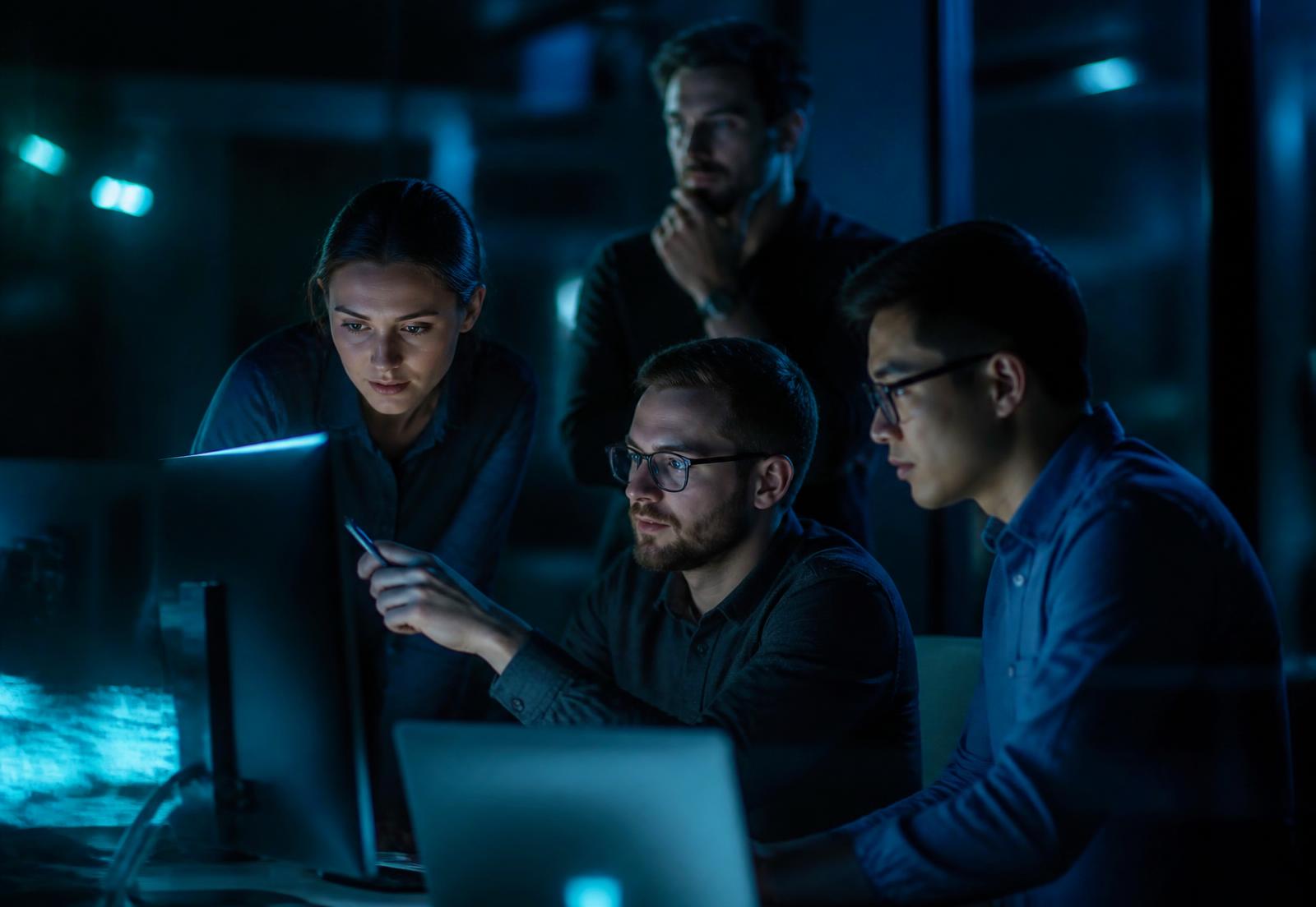 Engineering team reviewing code together